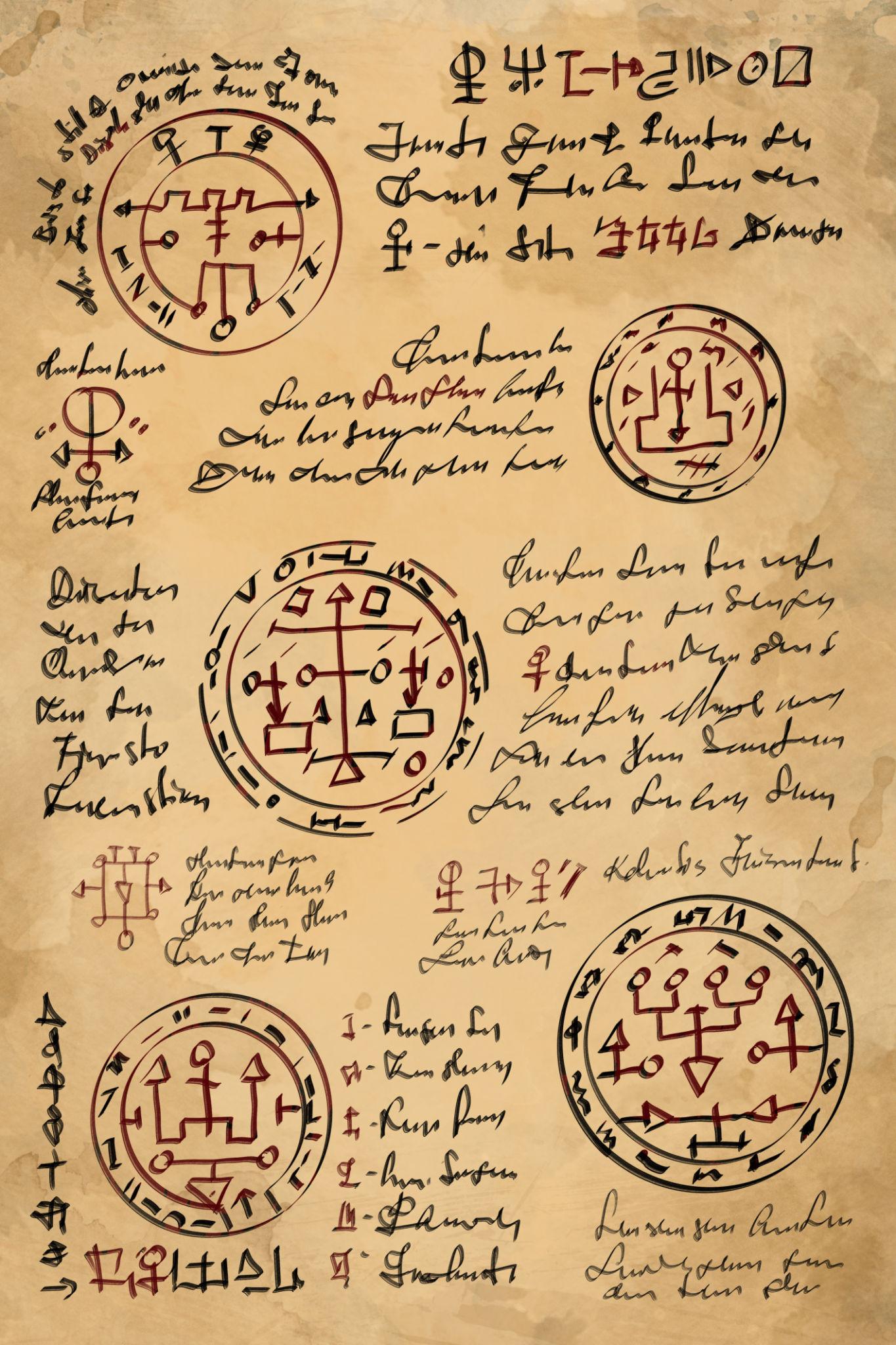 Medieval grimoire page displaying hand-drawn Solomonic sigils, ritual seals, and esoteric script illustrating symbolic cosmology and protective structures
