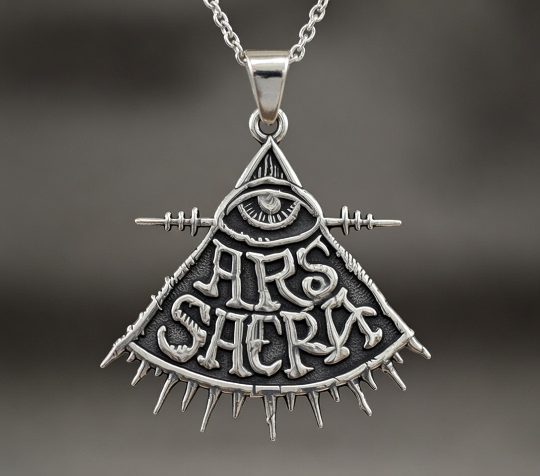 Silver Ars Sacra pendant necklace featuring a gothic triangular talisman with an all-seeing eye and engraved occult lettering