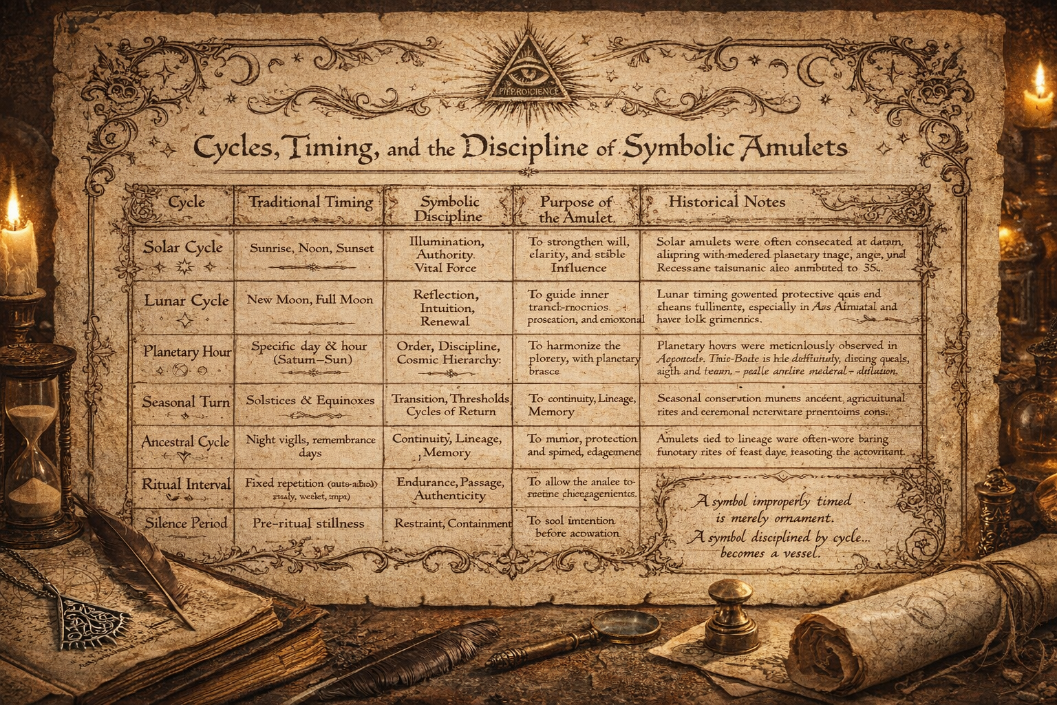 Antique parchment table illustrating cycles, timing, and the discipline of symbolic amulets with solar, lunar, planetary, and ritual correspondences