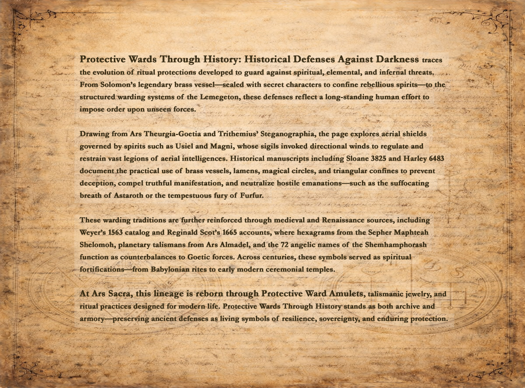 Aged parchment manuscript page describing historical protective wards, featuring Solomonic defenses, Goetic warding systems, angelic names, and ritual protections against infernal and elemental forces in Ars Sacra.