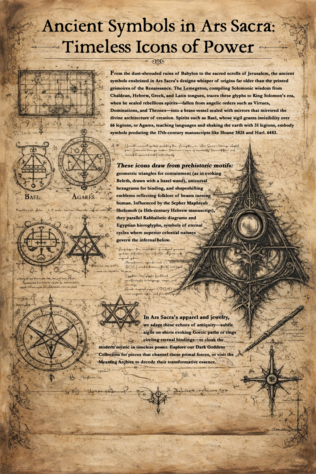 Antique parchment-style illustration featuring ancient Hermetic and Solomonic symbols, including occult sigils, geometric ritual diagrams, and ceremonial glyphs used in Ars Sacra designs.