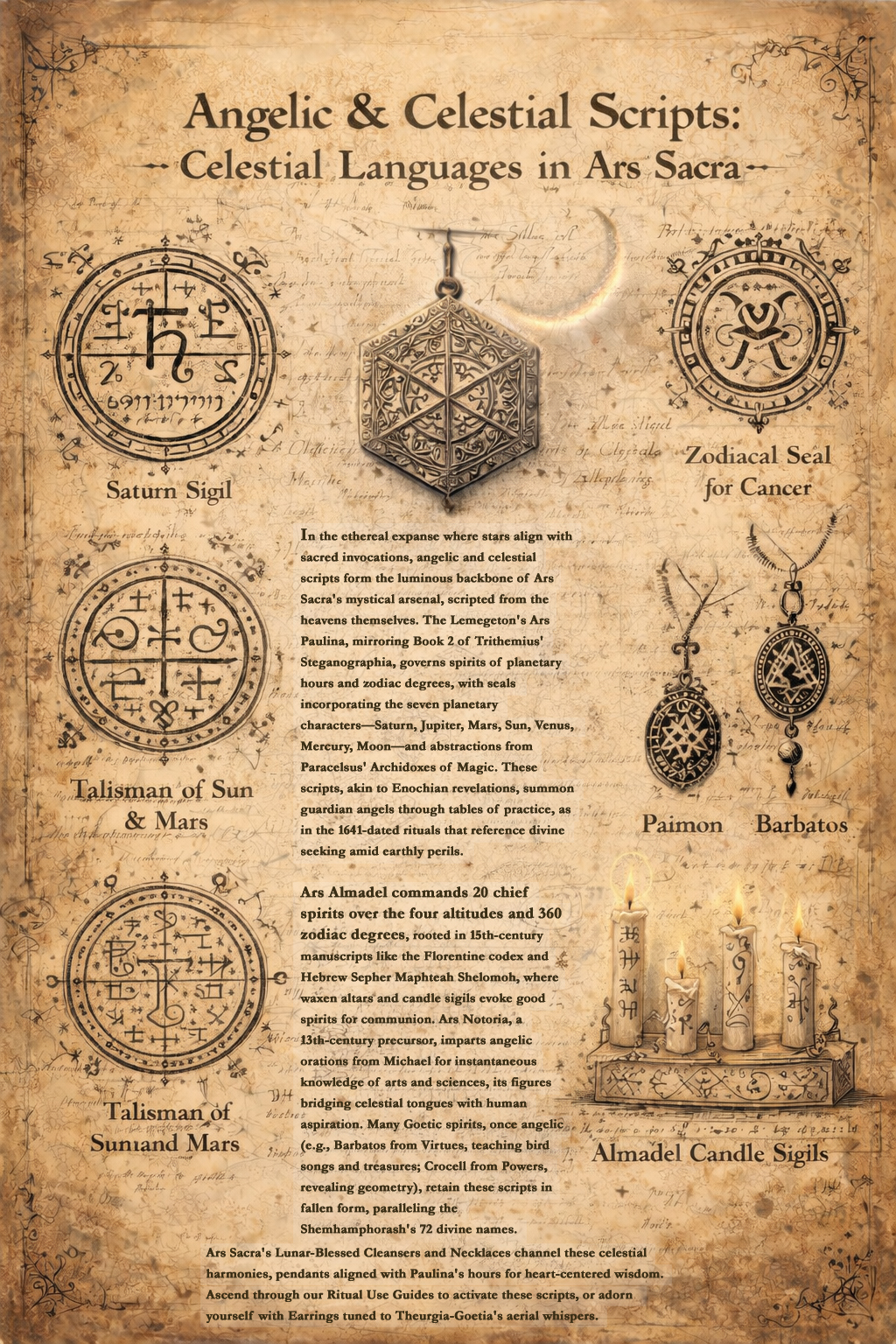 Antique parchment-style illustration featuring angelic and celestial scripts, planetary symbols, zodiacal diagrams, and sacred characters derived from Ars Paulina and Ars Almadel traditions used in Ars Sacra.