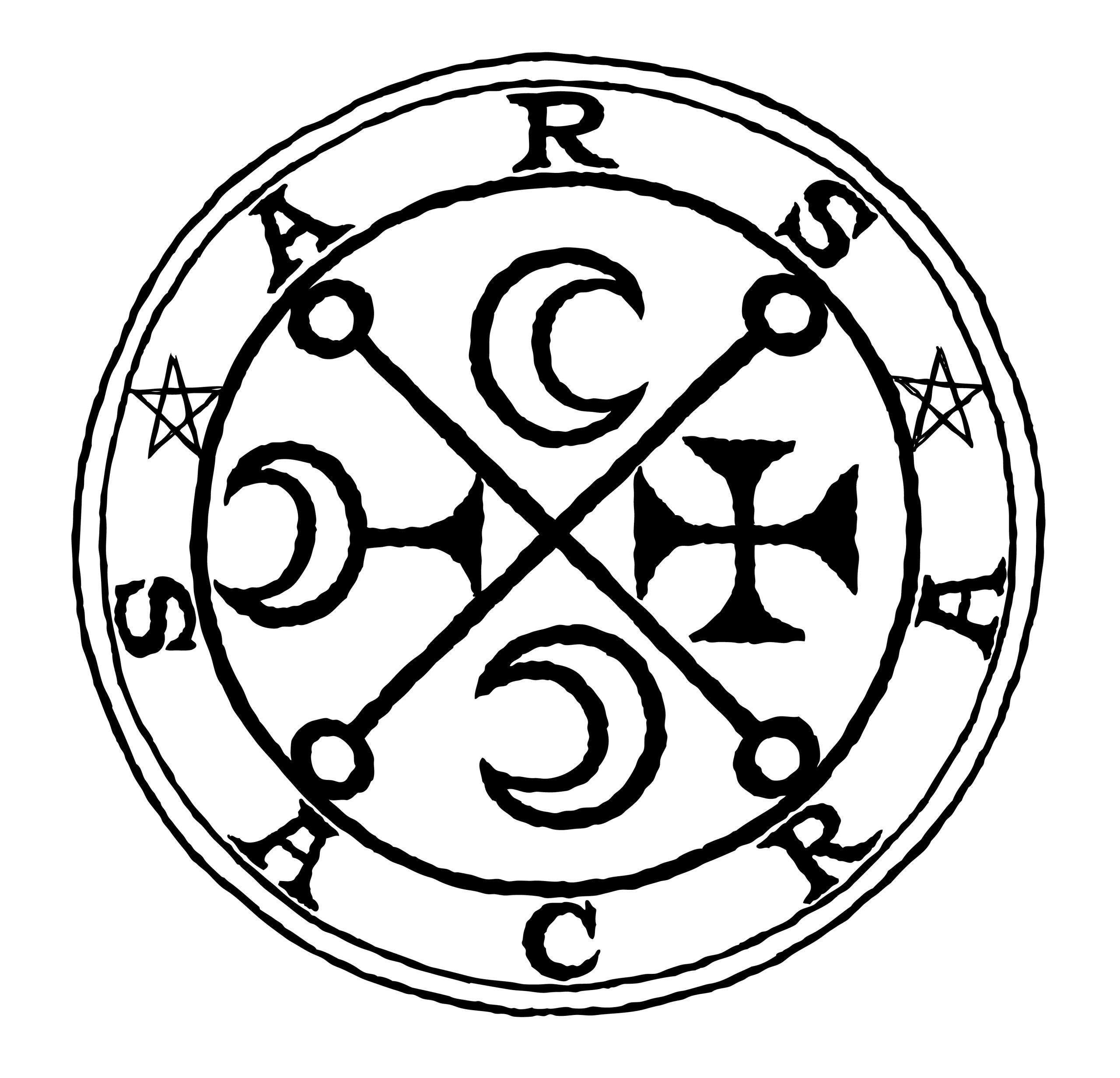Ars Sacra talisman featuring a circular sigil with crescent moons, crossed symbols, pentagrams, and gothic lettering.