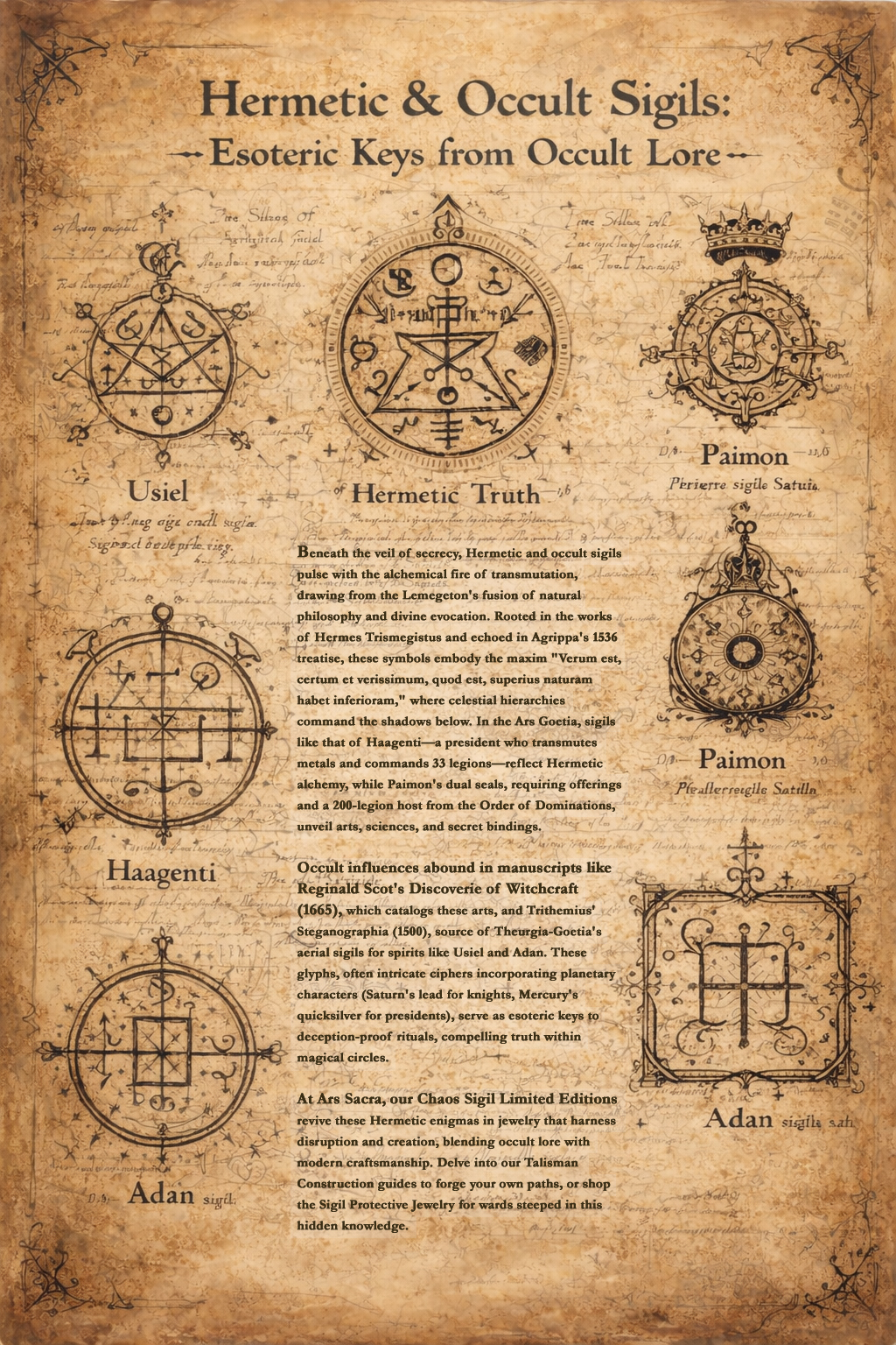 Antique parchment illustration featuring Hermetic and occult sigils from Solomonic and Goetic tradition, including alchemical symbols, planetary glyphs, and ceremonial seals used in Ars Sacra designs.