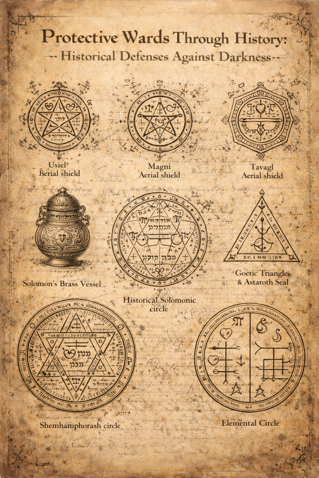 Antique parchment illustration depicting historical protective wards, including Solomonic circles, Shemhamphorash seals, Goetic triangles, aerial shields, and elemental wards used in Ars Sacra traditions.