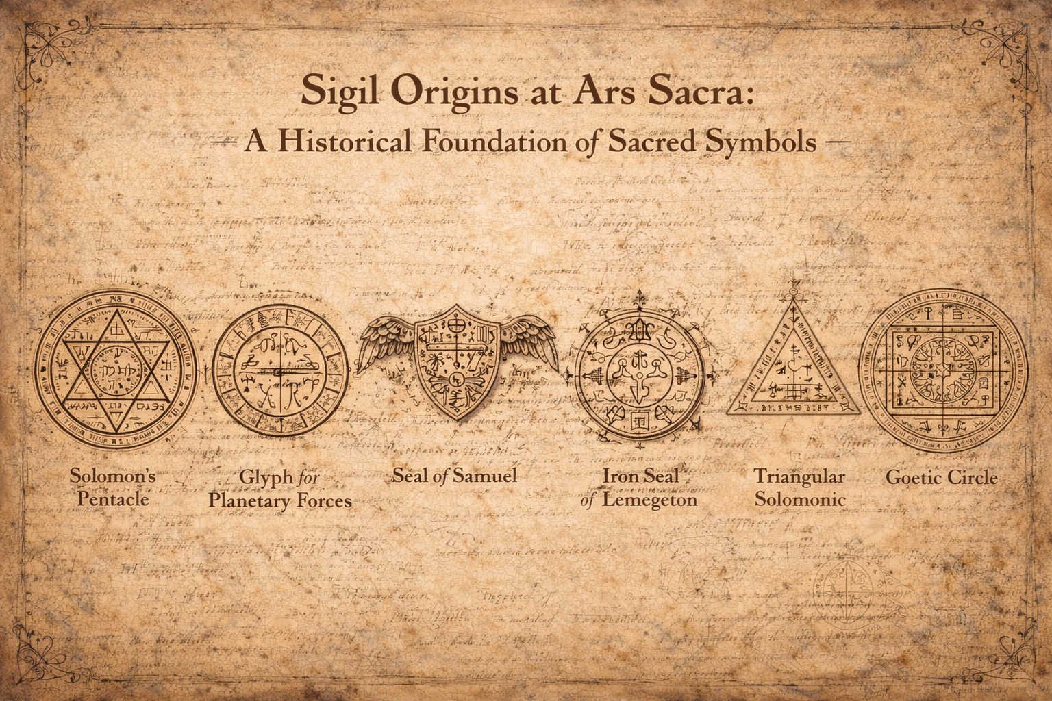 Antique parchment illustration showing the historical origins of sigils in Ars Sacra, including Solomon’s Pentacle, planetary glyphs, Solomonic seals, and Goetic circles arranged as sacred symbols.