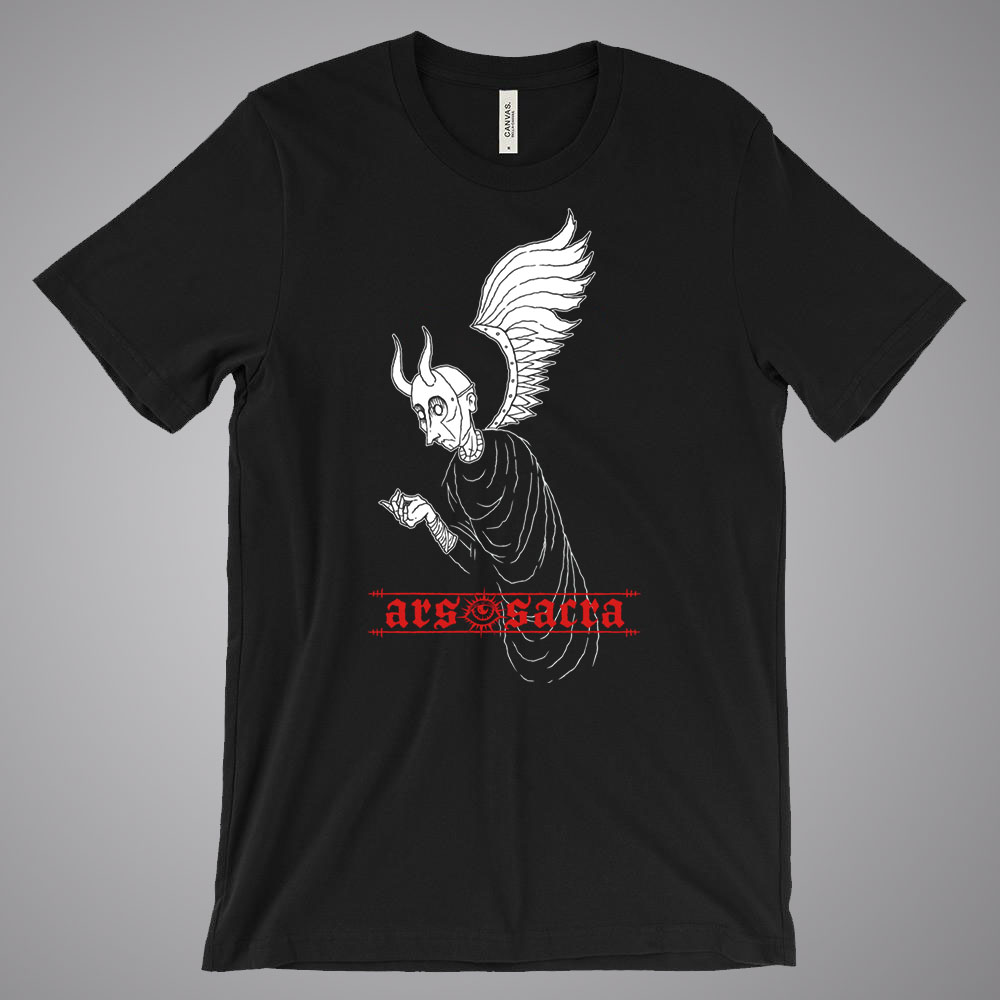 Black Ars Sacra t-shirt featuring a fallen angel illustration with winged figure and gothic Ars Sacra wordmark.