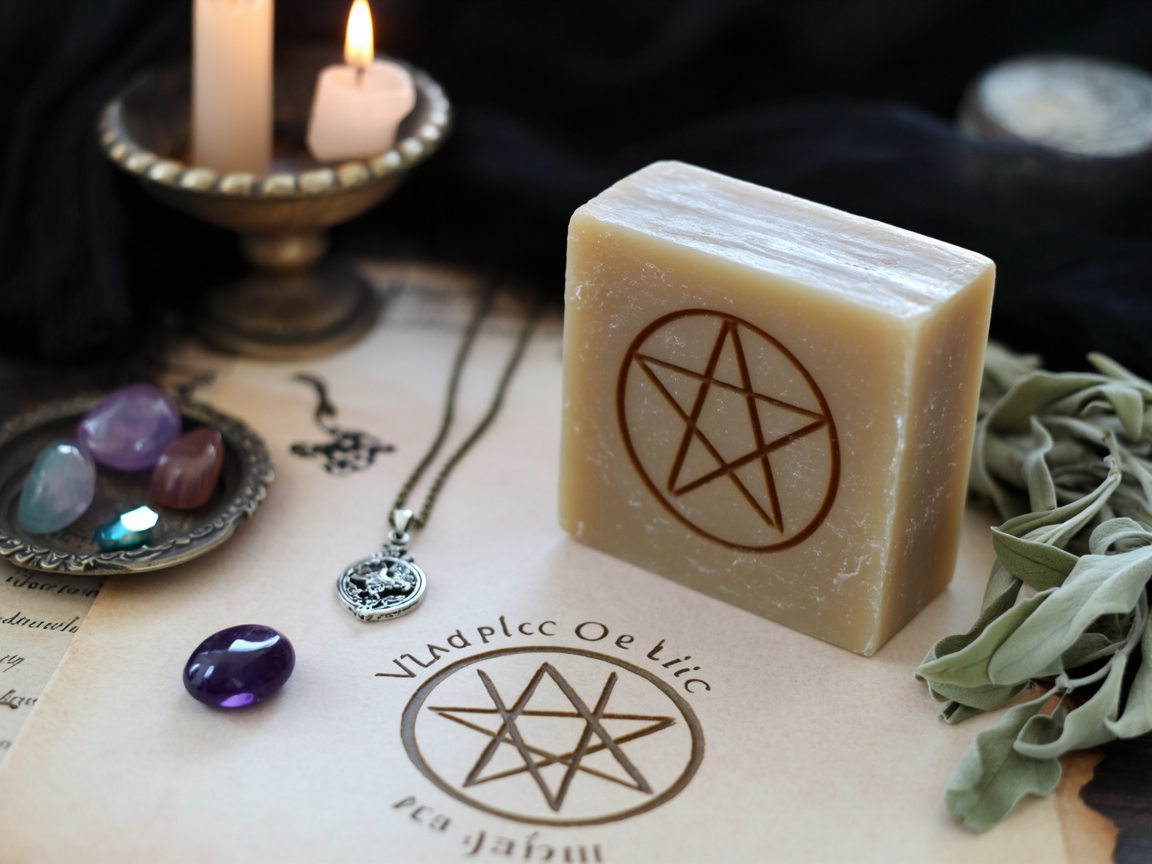 Ars Sacra curated ritual set featuring a symbolic cleansing soap, pendant necklace, crystals, candle, and botanical elements arranged in a gothic ceremonial setting.
