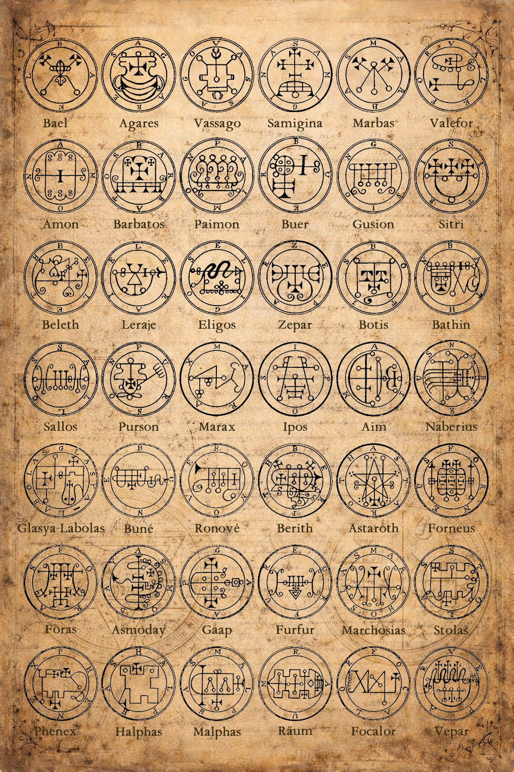 Antique parchment illustration displaying the first 42 sigils of the Shemhamphorash, including Solomonic seals attributed to spirits such as Bael, Agares, Paimon, and Astaroth, arranged in ceremonial order for the Ars Sacra Meaning Archive.