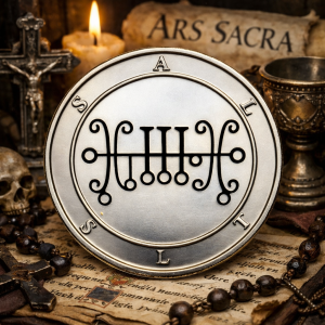 Antique silver Ars Sacra Sallos sigil coin engraved with ceremonial seal, displayed on candlelit ritual altar with crucifix, skull, chalice, rosary beads, and aged manuscript parchment.