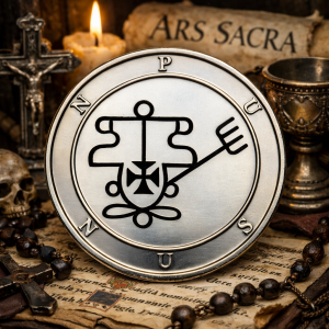 Antique silver Ars Sacra Purson sigil coin engraved with ceremonial seal, displayed on candlelit ritual altar with crucifix, skull, chalice, rosary beads, and aged manuscript parchment.