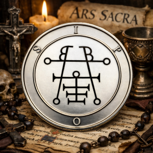 Antique silver Ars Sacra Ipos sigil coin engraved with ceremonial seal, displayed on candlelit ritual altar with crucifix, skull, chalice, rosary beads, and aged manuscript parchment.