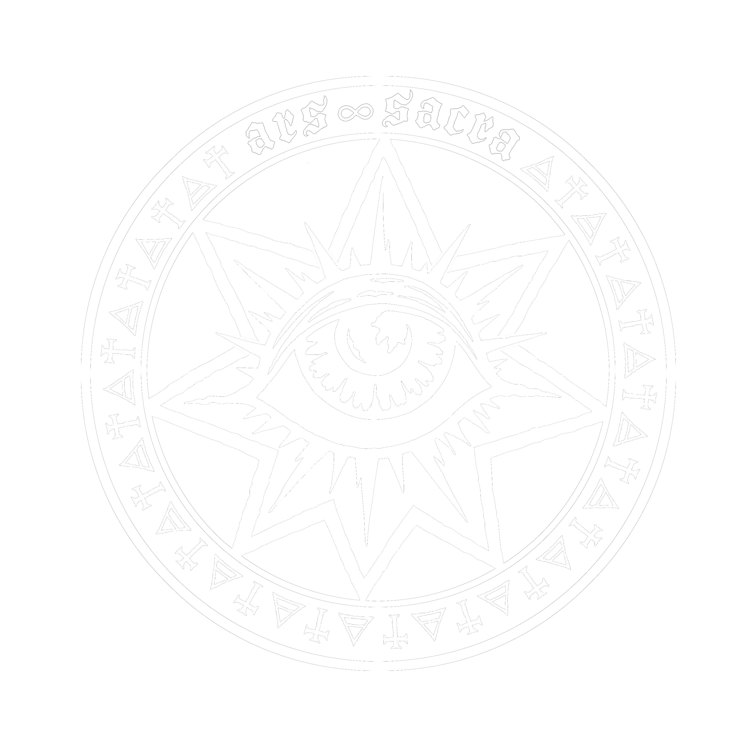 Black-and-white Ars Sacra sigil seal featuring an all-seeing eye within an eight-pointed star, encircled by ritual glyphs and the inscription “ars ∞ sacra” on a dark background.