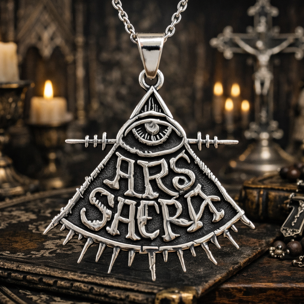 Silver gothic sigil pendant with all-seeing eye and triangular sacred symbol, Sigillum Ars Sacra esoteric jewelry necklace