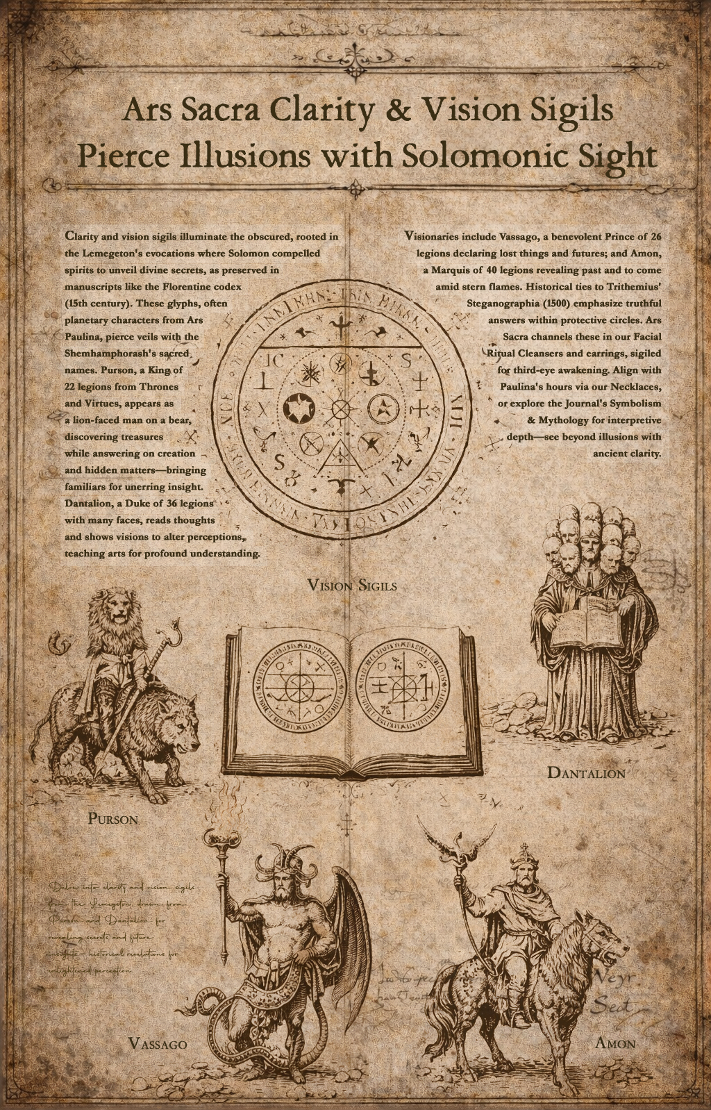 Antique grimoire illustration of Solomonic vision sigils with Purson, Dantalion, Vassago, and Amon for clarity and insight.