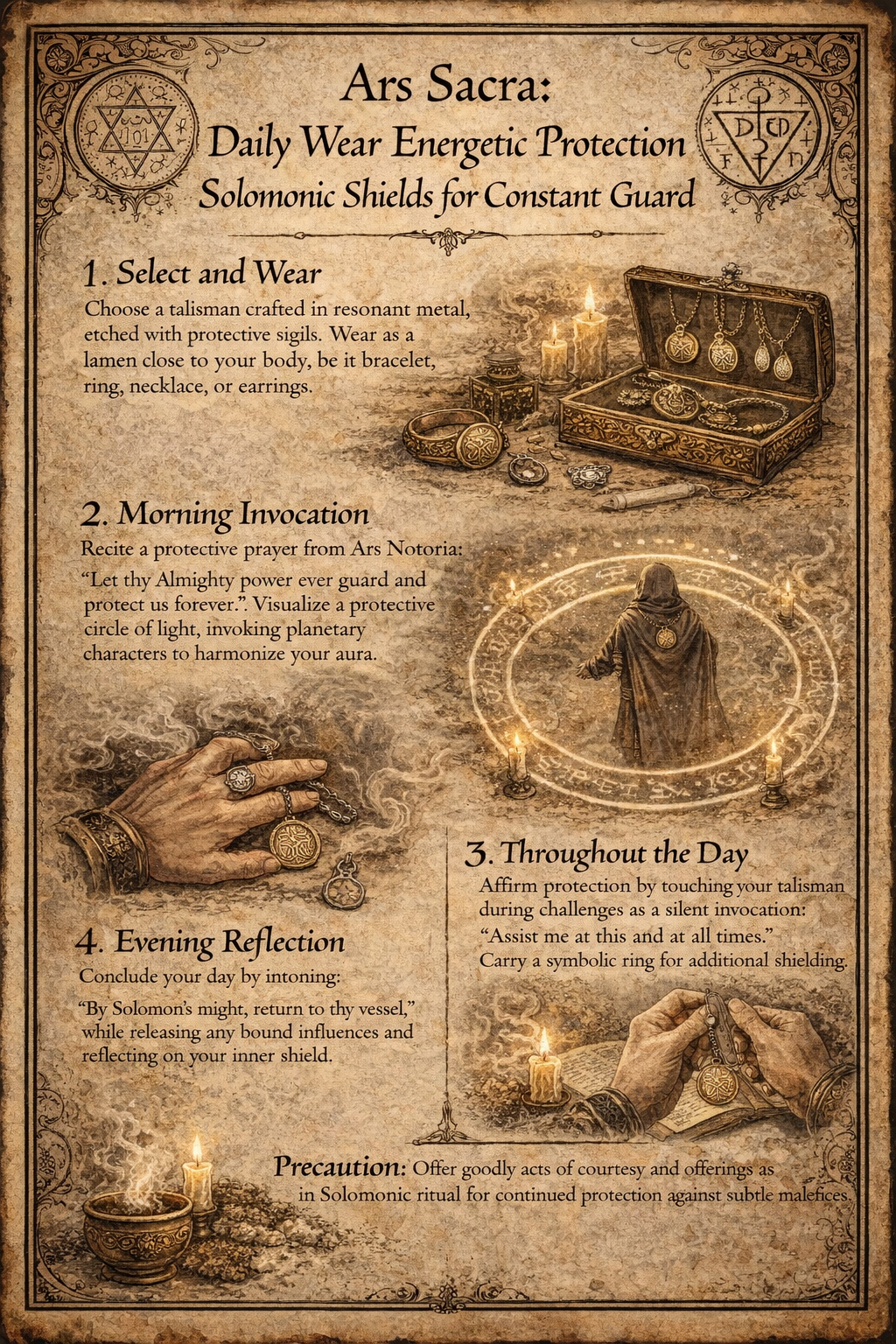 Antique grimoire-style illustration titled “Ars Sacra: Daily Wear Energetic Protection—Solomonic Shields for Constant Guard,” depicting protective talisman jewelry, morning invocation, a practitioner encircled by a luminous ward, daily affirmation, and evening reflection on aged parchment.