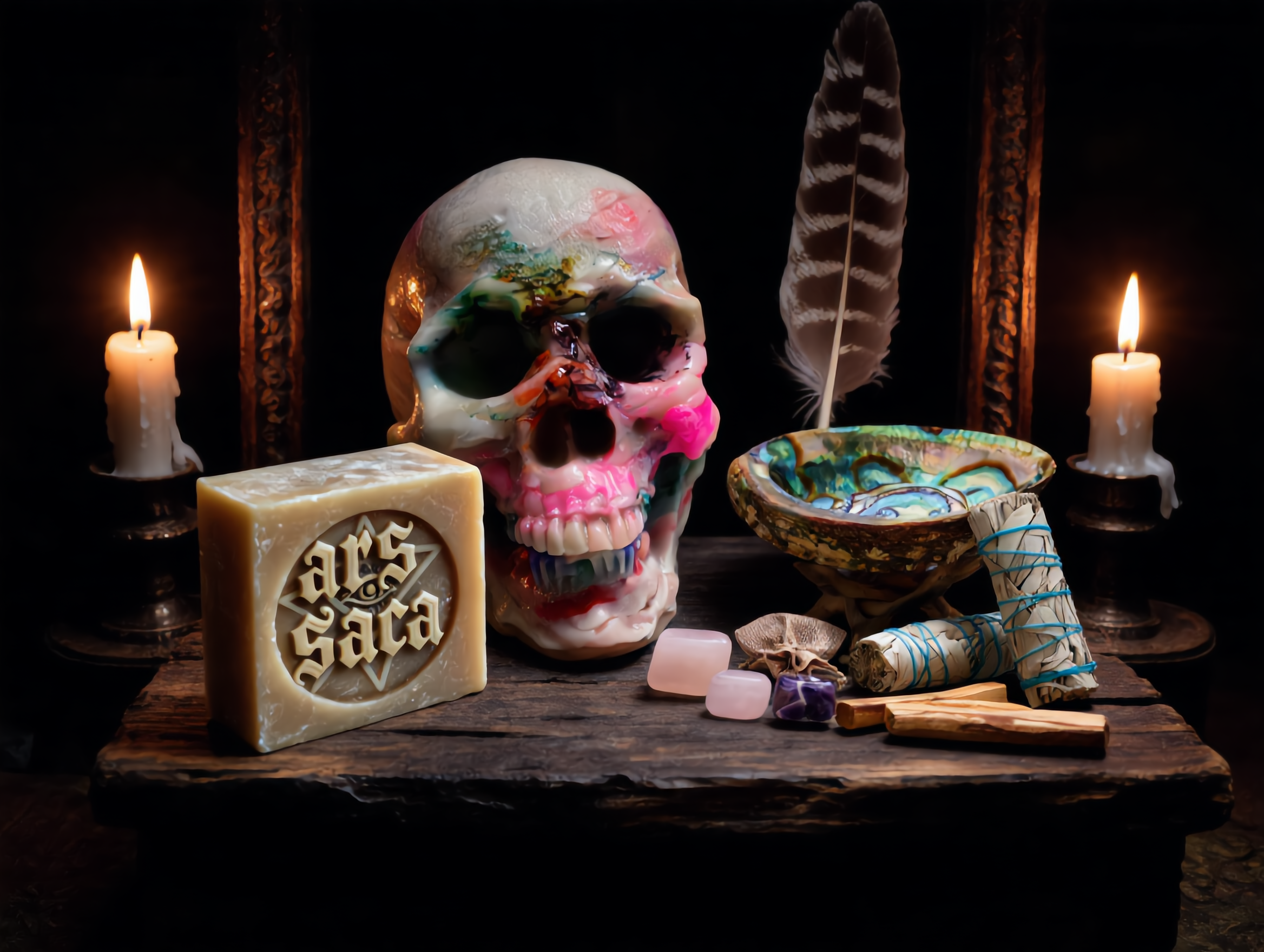 Ars Sacra Ritual Foundations Purification altar set with engraved ritual soap, wax skull candle, white sage, palo santo, abalone shell, smudge feather, and crystals illuminated by candlelight.