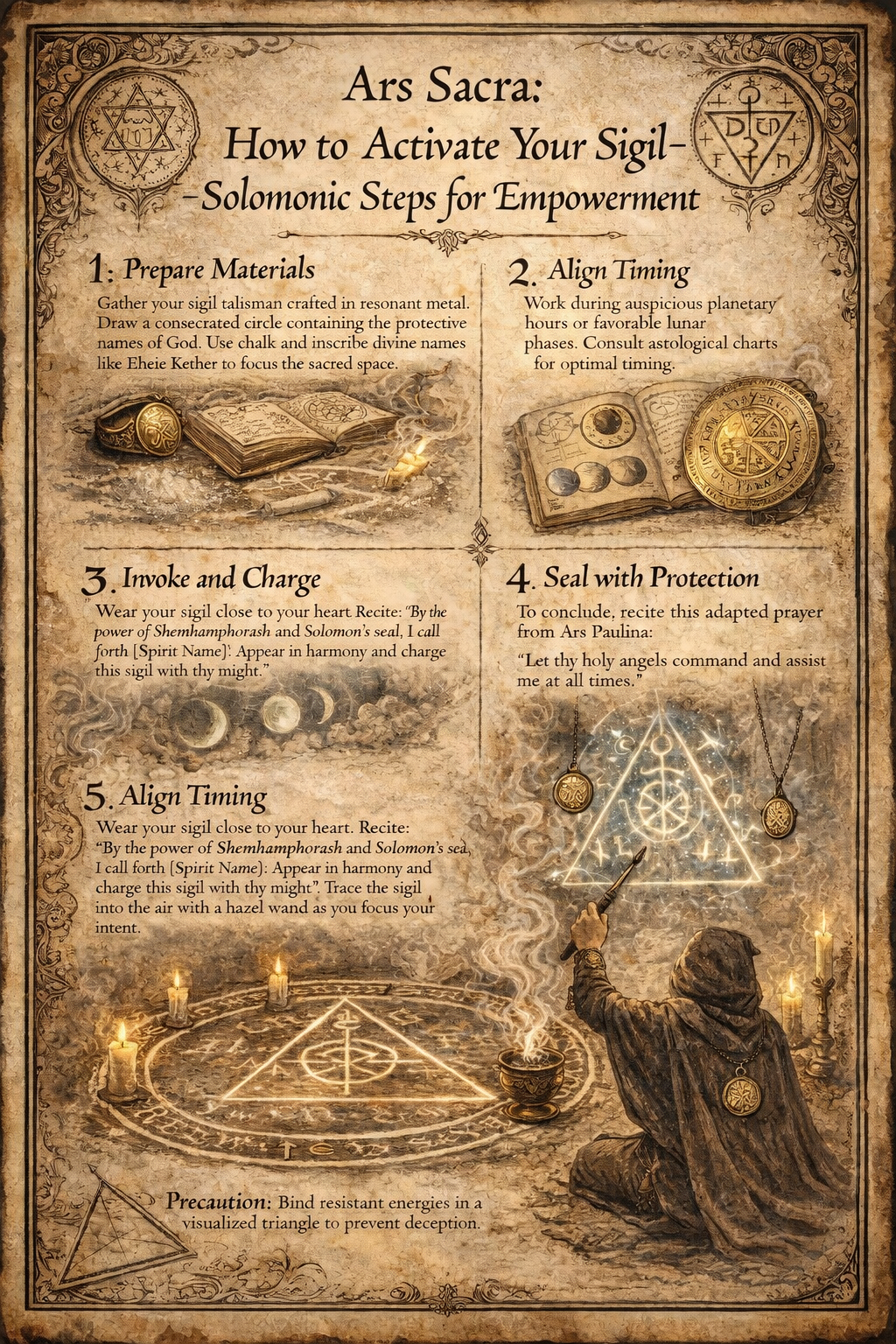 Antique grimoire-style illustration titled “Ars Sacra: How to Activate Your Sigil—Solomonic Steps for Empowerment,” showing five ritual stages with consecration circles, planetary timing charts, sigil invocation, protective seals, and a practitioner activating a sigil within a ritual triangle.