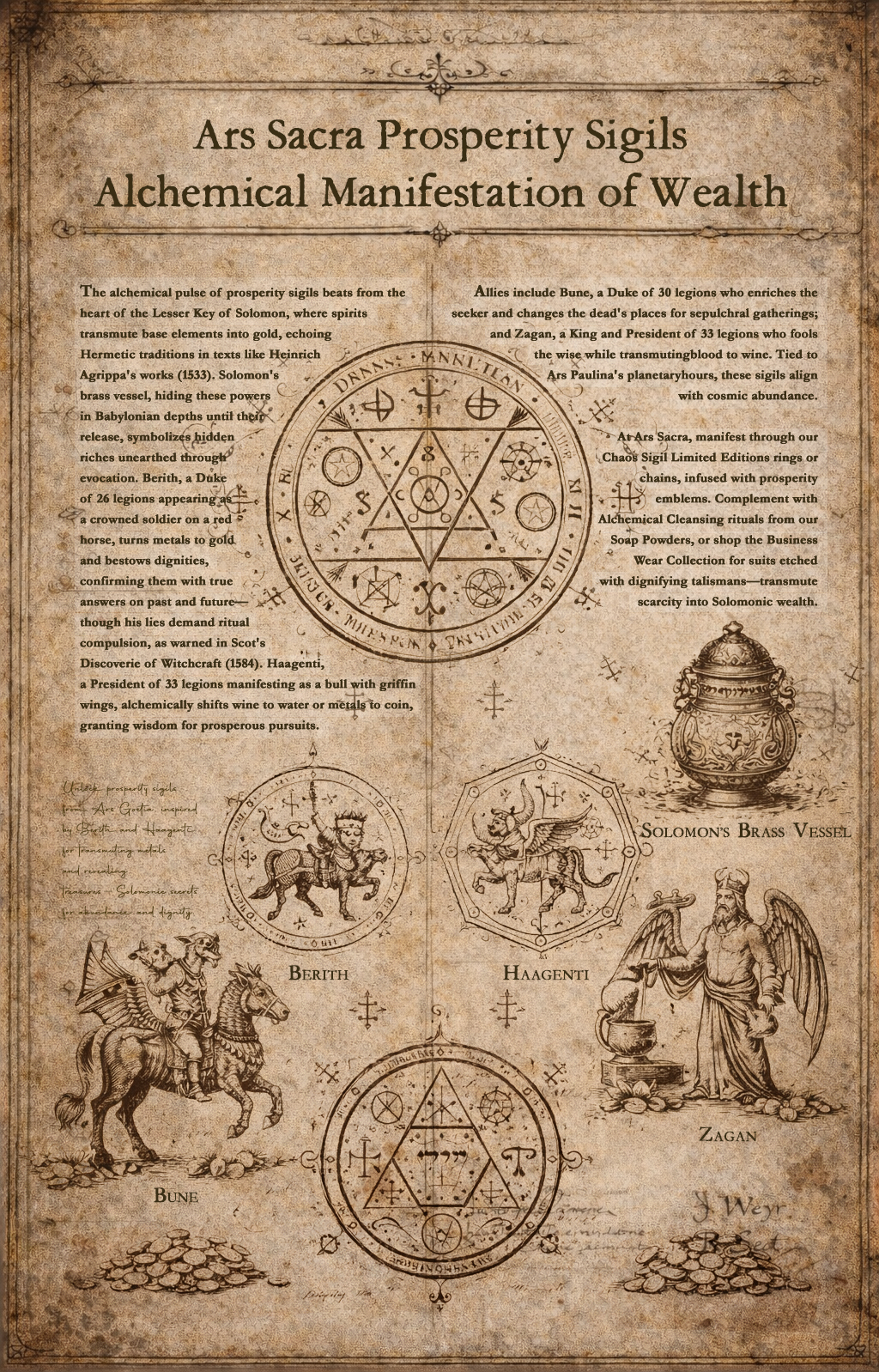 Antique grimoire illustration of Solomonic prosperity sigils, alchemical circles, and spirits Berith, Haagenti, Bune, and Zagan.