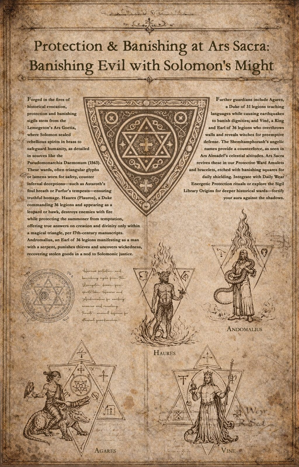 Antique grimoire illustration of Solomonic protection and banishing sigils, featuring Haures, Andromalius, Agares, and Viné.