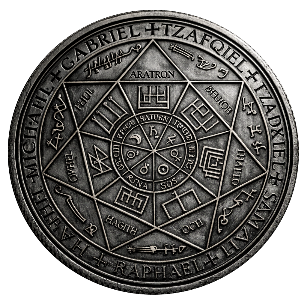 Antique silver Solomonic planetary heptagram coin engraved with archangel names, planetary symbols, and ceremonial grimoire inscriptions on transparent background.