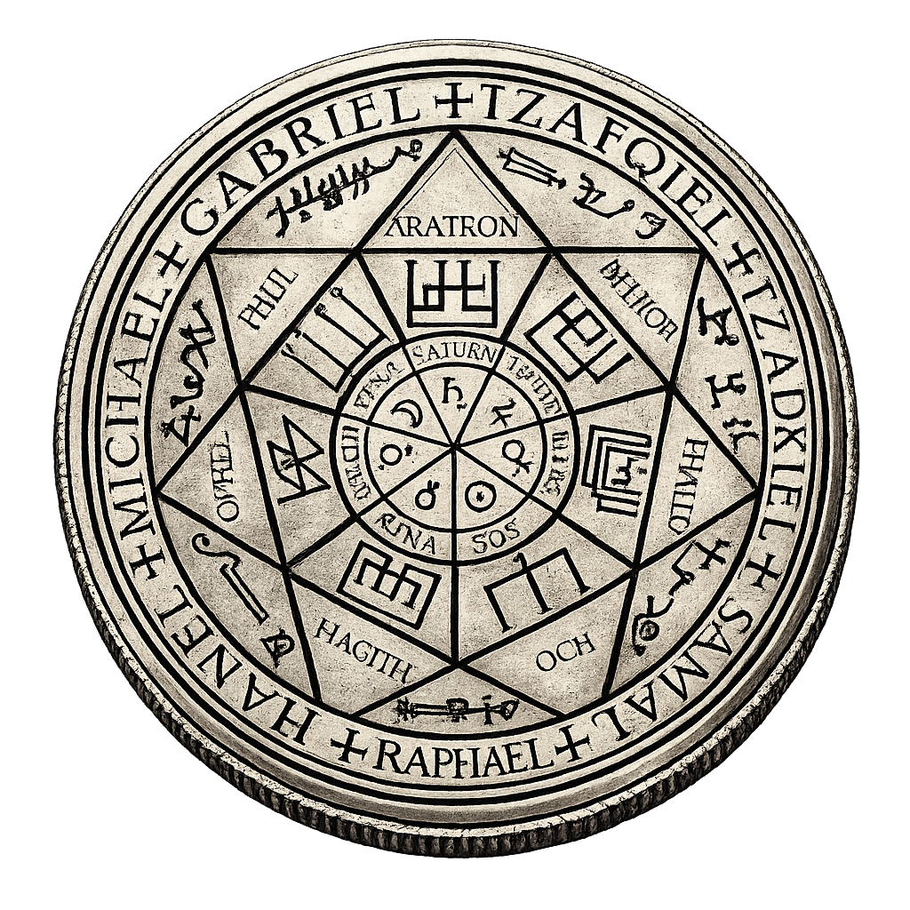 Antique-style silver coin engraved with a Solomonic heptagram, planetary seals, and archangelic names, featuring Saturn, Jupiter, Mars, Sun, Venus, Mercury, and Moon symbols in a circular ceremonial design.