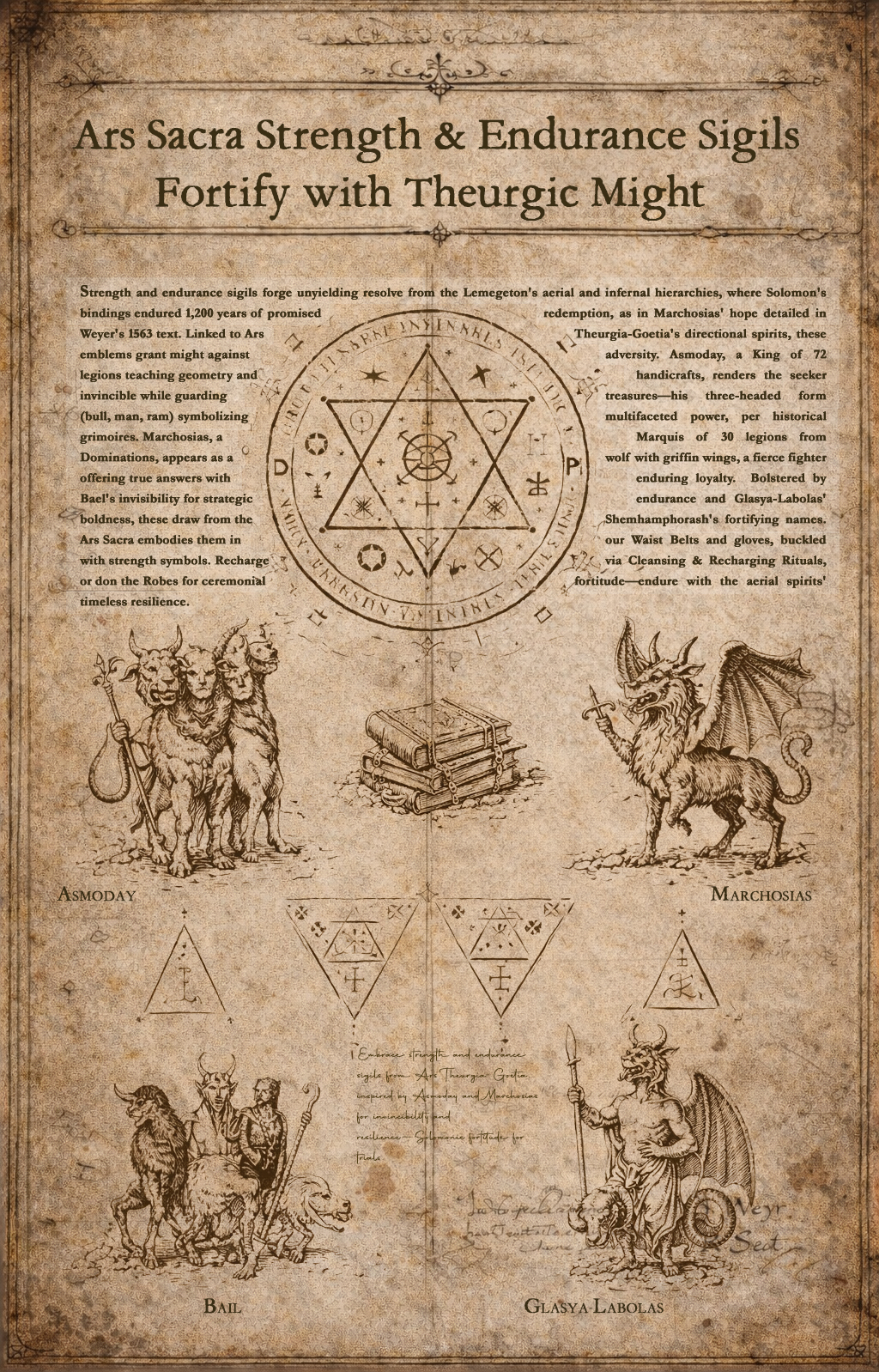 Antique grimoire illustration of Solomonic strength and endurance sigils with Asmoday, Marchosias, Bael, and Glasya-Labolas.