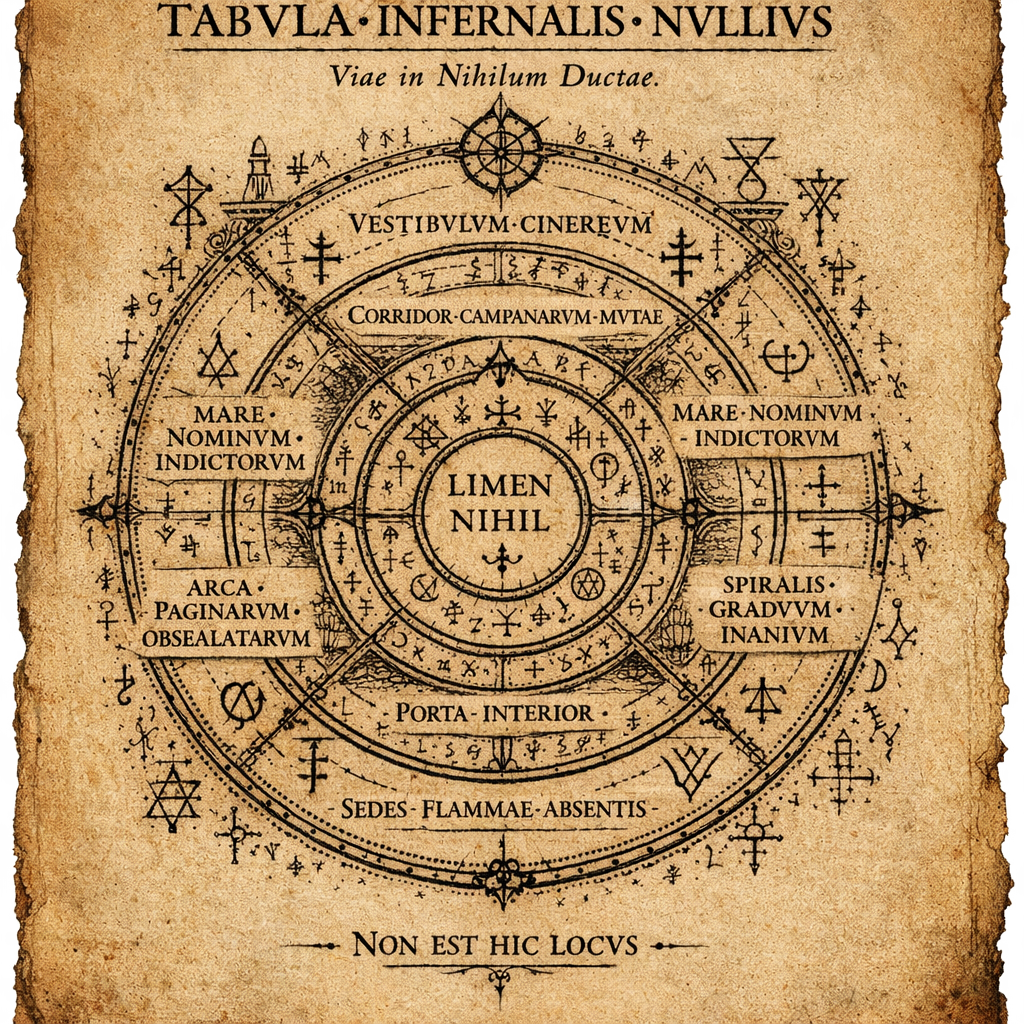 Latin occult manuscript hell map titled “Tabula Infernalis Nullius,” circular infernal diagram on aged parchment with sigils, concentric rings, and the inscription “Limen Nihil” at the center