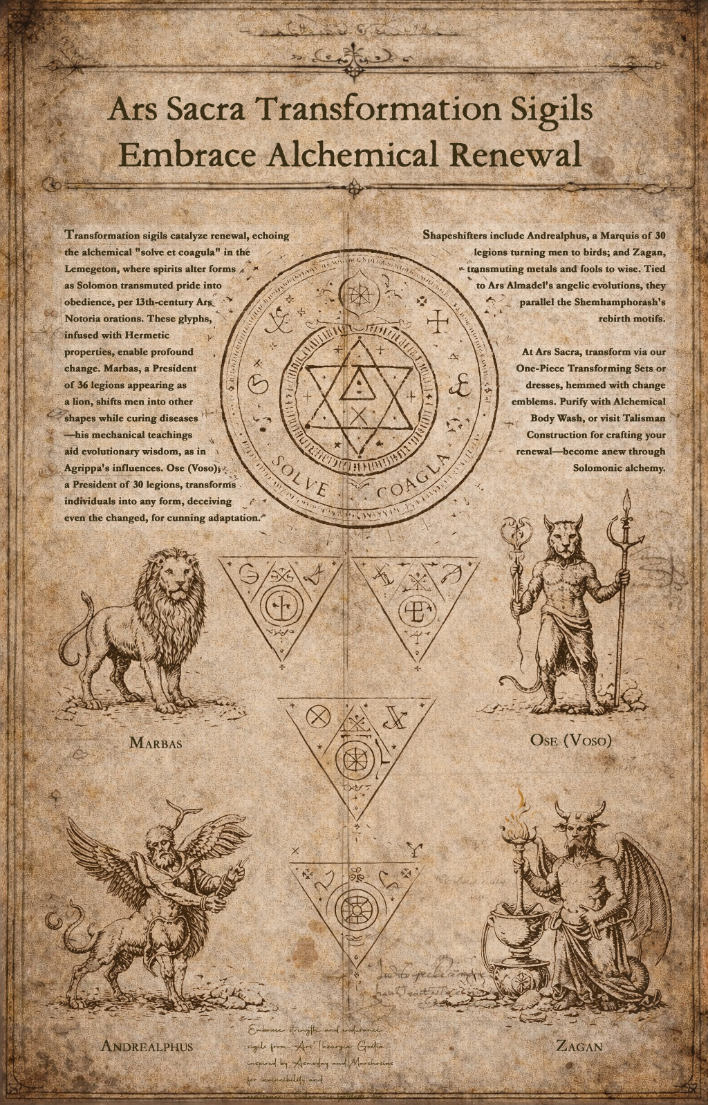 Antique grimoire illustration of Solomonic transformation sigils with Marbas, Ose, Andrealphus, and Zagan for alchemical renewal.