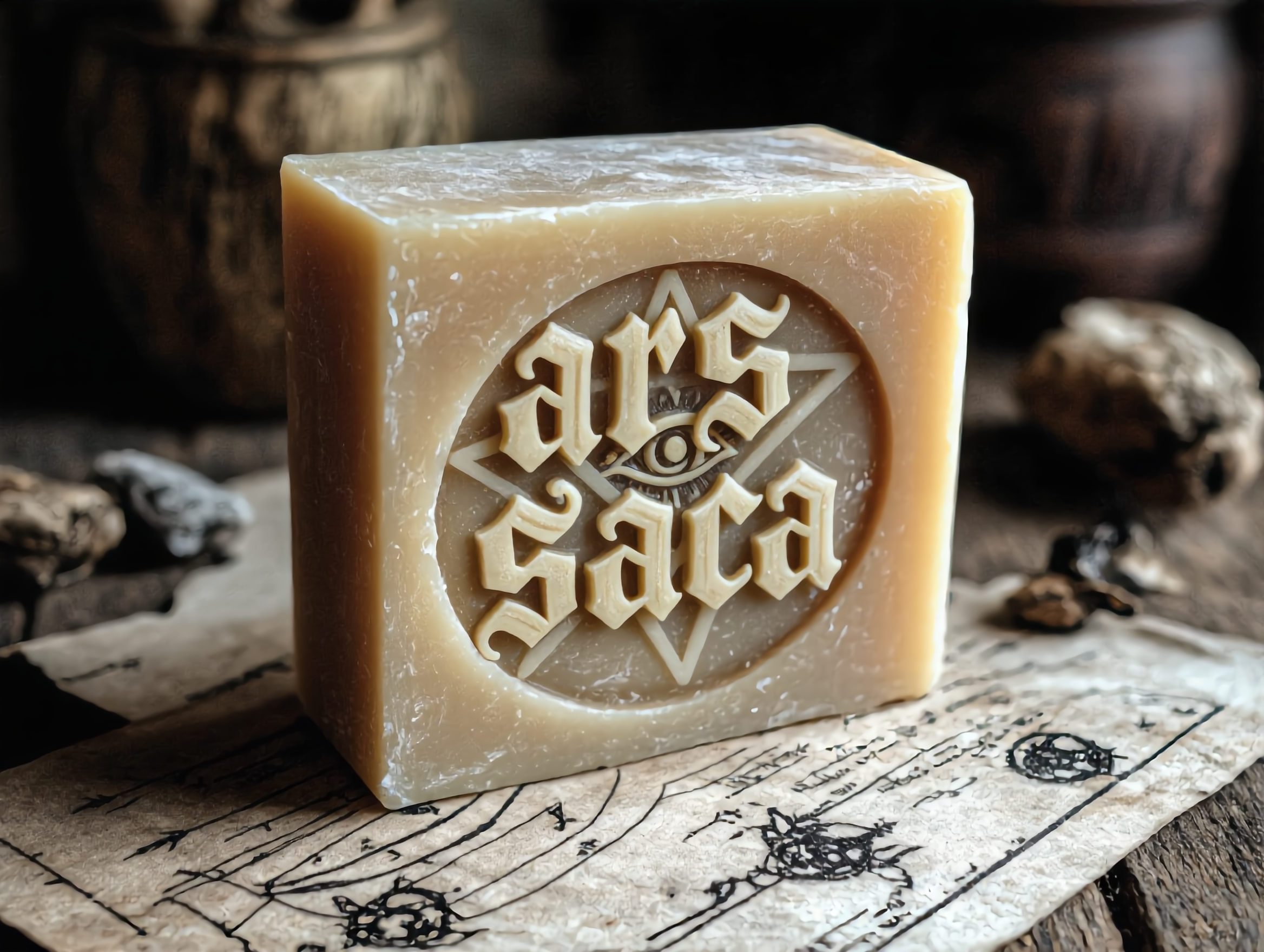 Handcrafted Ars Sacra ritual soap bar engraved with gothic logo and all-seeing eye sigil, displayed on antique parchment with occult diagrams in moody atmospheric lighting.