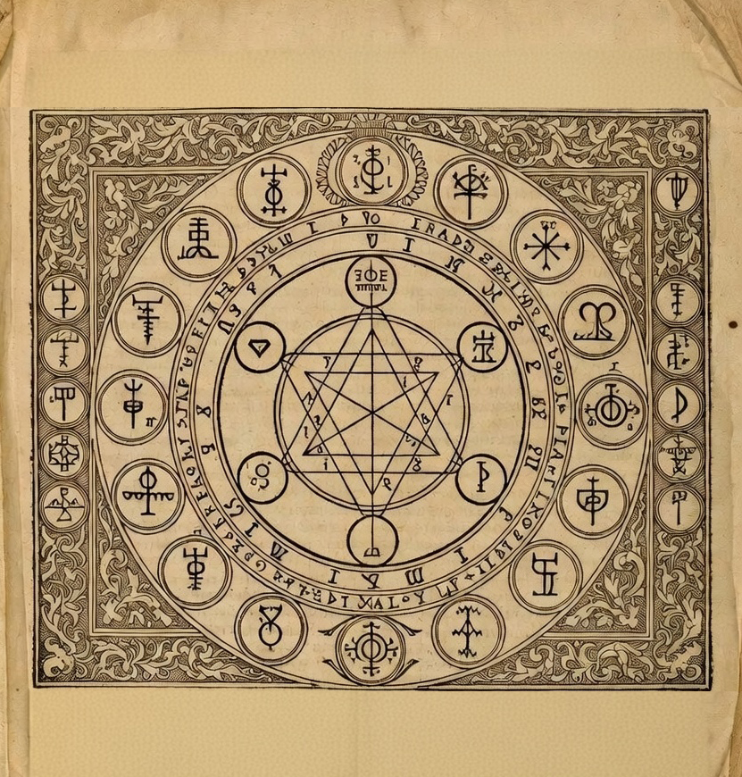 Antique Solomonic talisman construction diagram showing a central hexagram within concentric circles of planetary sigils, angelic characters, and ornate border work from medieval grimoire tradition.