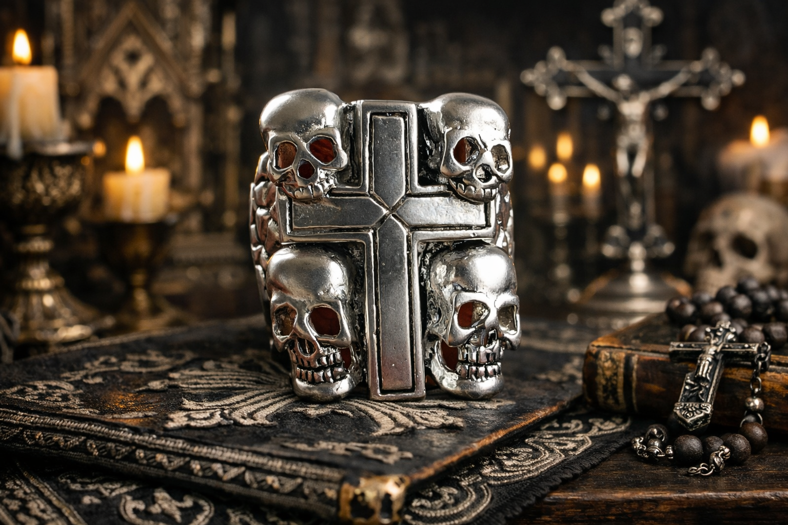 Silver gothic skull cross ring with four sculpted skulls surrounding a cruciform centerpiece, Ars Sacra Crux Mortis memento mori jewelry