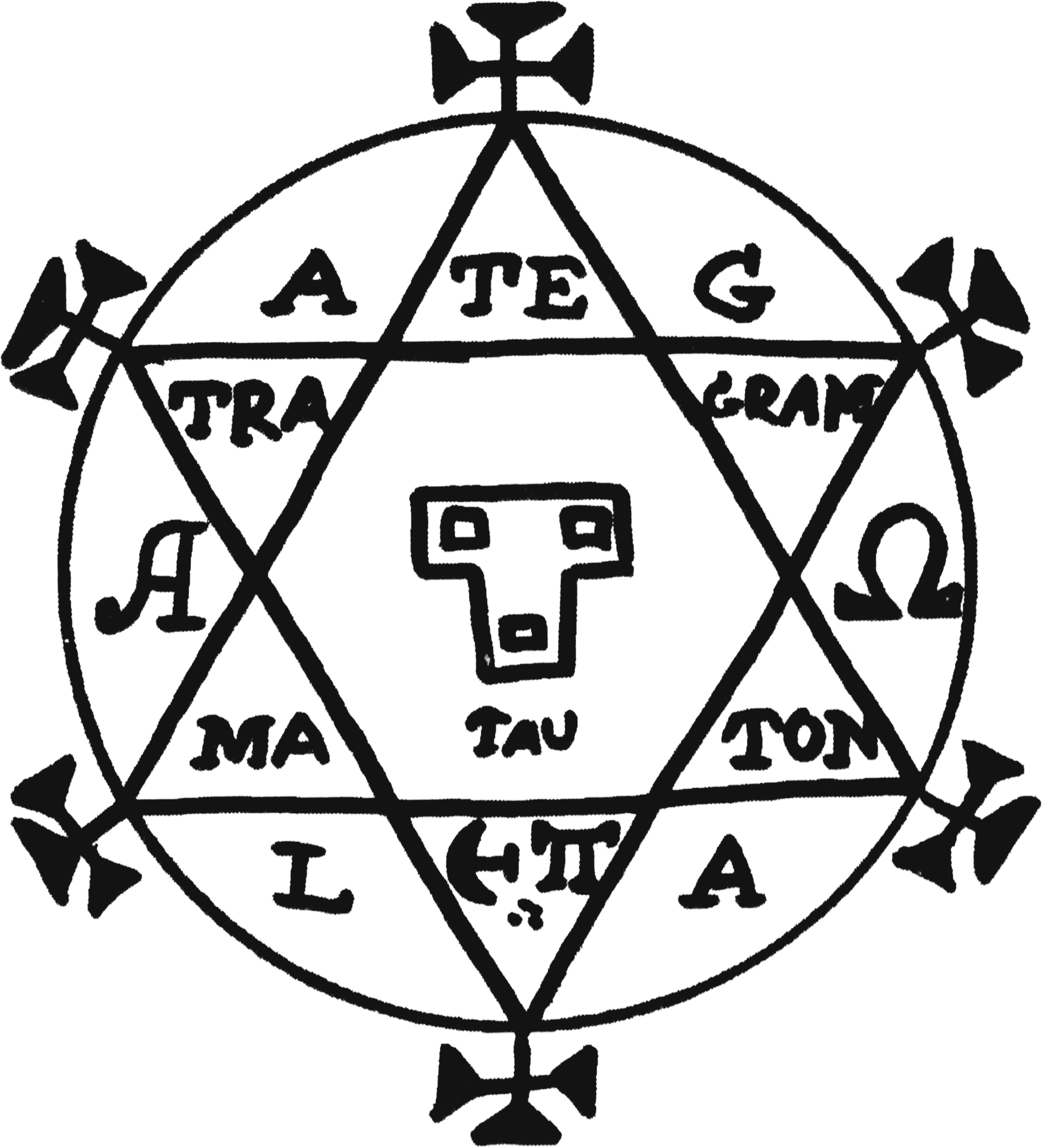 Hand-drawn Hexagram of Solomon showing interlocking triangles inscribed with sacred names, Greek letters, and a central Tau cross within a ritual circle on a black background.